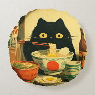 Funny Black Cat Eating Ramen Round Cushion