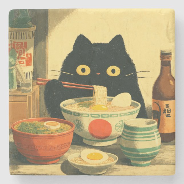 Funny Black Cat Eating Ramen Stone Coaster (Front)