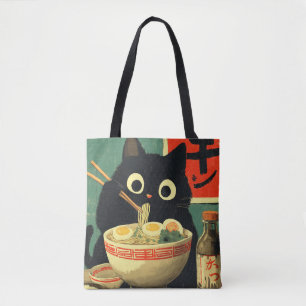 Funny Black Cat Eating Ramen Tote Bag