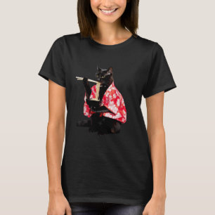 Funny Black Cat Eating Ramen Vintage Japanese Wome T-Shirt