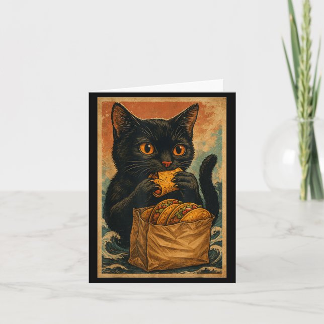 Funny Black Cat Eating Tacos Retro Japanese  Card (Front)