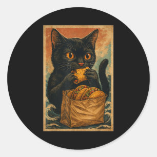 Funny Black Cat Eating Tacos Retro Japanese  Classic Round Sticker
