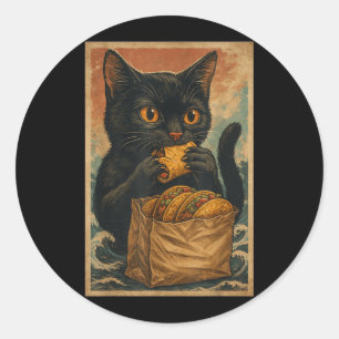 Funny Black Cat Eating Tacos Retro Japanese Classic Round Sticker