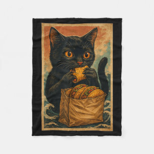 Funny Black Cat Eating Tacos Retro Japanese Fleece Blanket
