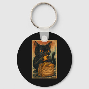 Funny Black Cat Eating Tacos Retro Japanese  Key Ring