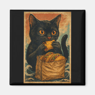 Funny Black Cat Eating Tacos Retro Japanese Magnet