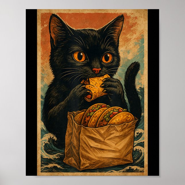 Funny Black Cat Eating Tacos Retro Japanese  Poster (Front)