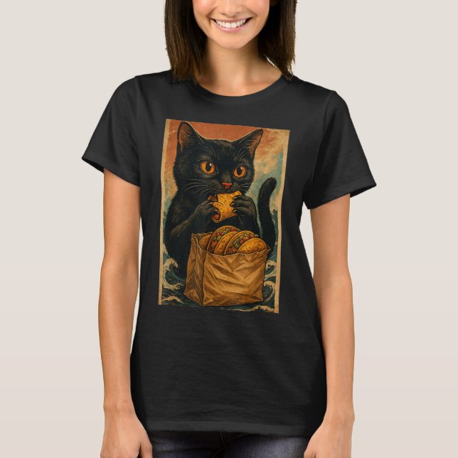Funny Black Cat Eating Tacos Retro Japanese  T-Shirt (Front)