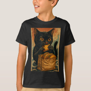 Funny Black Cat Eating Tacos Retro Japanese  T-Shirt