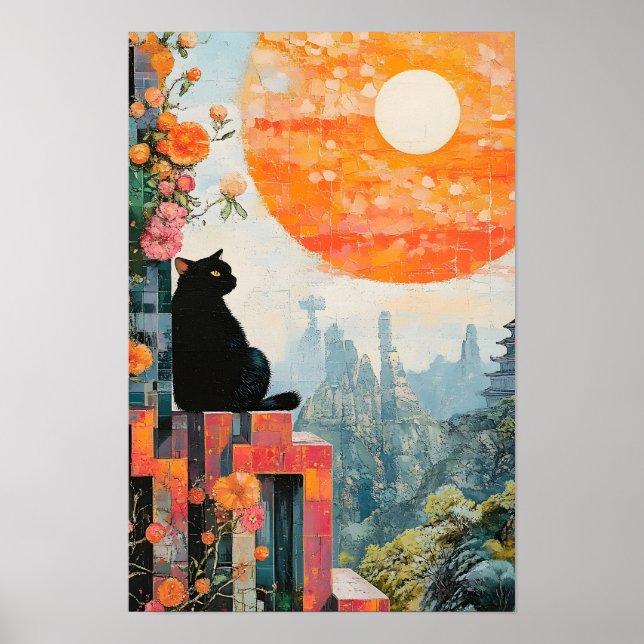 Funny Black cat enjoying the full moon Poster (Front)