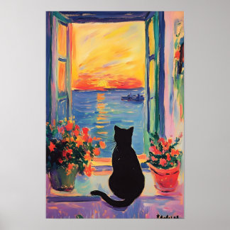Funny Black cat enjoying the sunset Poster