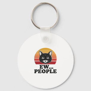 Funny Black Cat Ew People Retro Sunset T-Shirt Des Key Ring