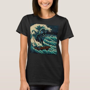 Funny Black Cat Fishing Waves for Kids, Women, Men T-Shirt