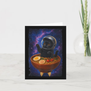 Funny Black Cat Flying A Ramen Bowl Space Astronau Card