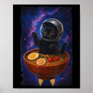 Funny Black Cat Flying A Ramen Bowl Space Astronau Poster
