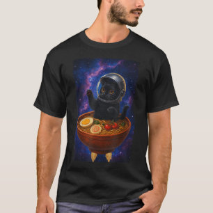 Funny Black Cat Flying A Ramen Bowl Space Astronau T-Shirt