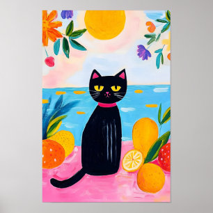 Funny Black Cat Fresh Fruit and Sea Poster
