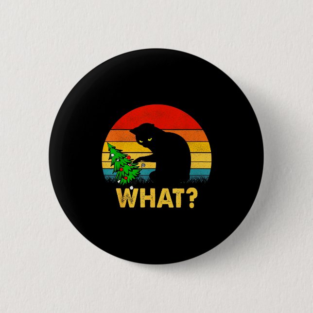 Funny Black Cat Gift Pushing Christmas Tree Over C 6 Cm Round Badge (Front)