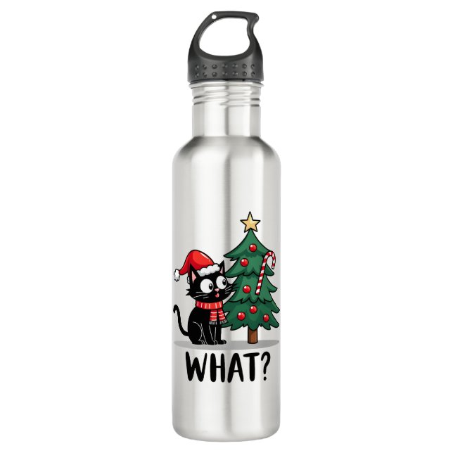 Funny Black Cat Gift Pushing Christmas Tree Over C 710 Ml Water Bottle (Front)