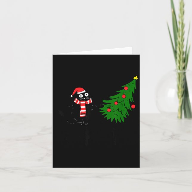 Funny Black Cat Gift Pushing Christmas Tree Over C Card (Front)