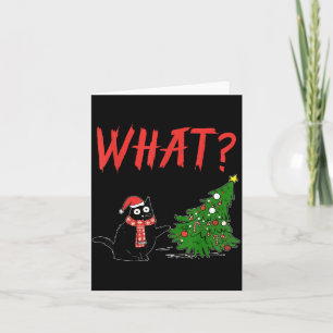 Funny Black Cat Gift Pushing Christmas Tree Over C Card