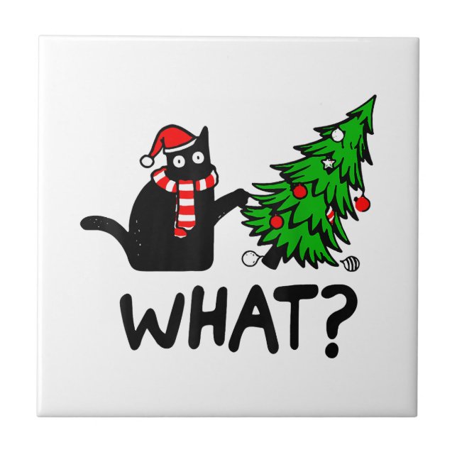 Funny Black Cat Gift Pushing Christmas Tree Over C Ceramic Tile (Front)