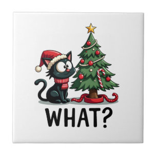 Funny Black Cat Gift Pushing Christmas Tree Over C Ceramic Tile