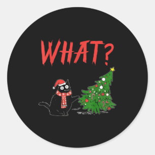 Funny Black Cat Gift Pushing Christmas Tree Over C Classic Round Sticker