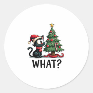 Funny Black Cat Gift Pushing Christmas Tree Over C Classic Round Sticker