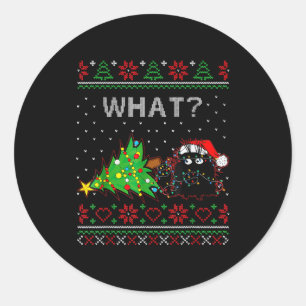 Funny Black Cat Gift Pushing Christmas Tree Over C Classic Round Sticker