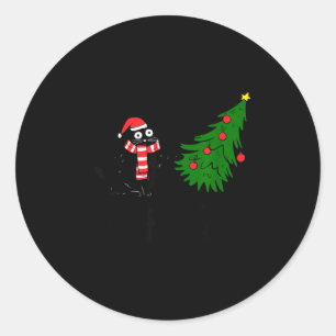 Funny Black Cat Gift Pushing Christmas Tree Over C Classic Round Sticker