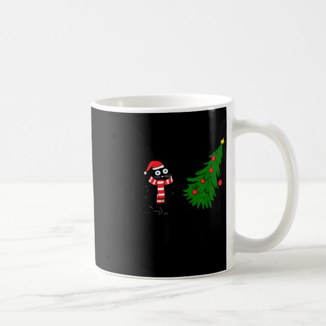 Funny Black Cat Gift Pushing Christmas Tree Over C Coffee Mug (Right)