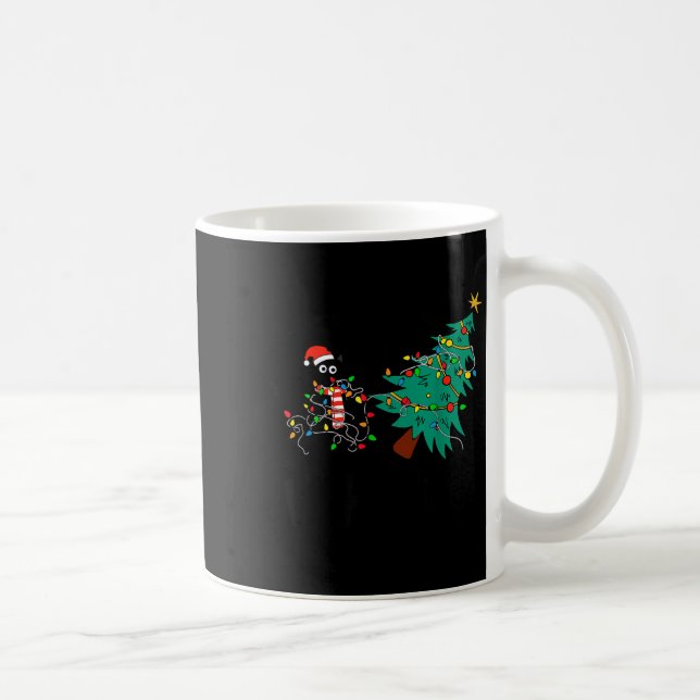 Funny Black Cat Gift Pushing Christmas Tree Over C Coffee Mug (Right)