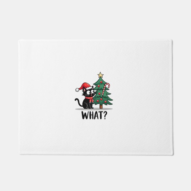 Funny Black Cat Gift Pushing Christmas Tree Over C Doormat (Front)