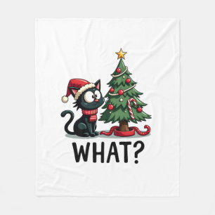 Funny Black Cat Gift Pushing Christmas Tree Over C Fleece Blanket