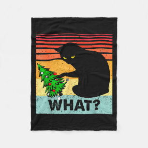 Funny Black Cat Gift Pushing Christmas Tree Over C Fleece Blanket