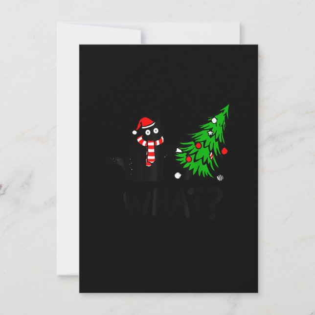 Funny Black Cat Gift Pushing Christmas Tree Over C Invitation (Front)