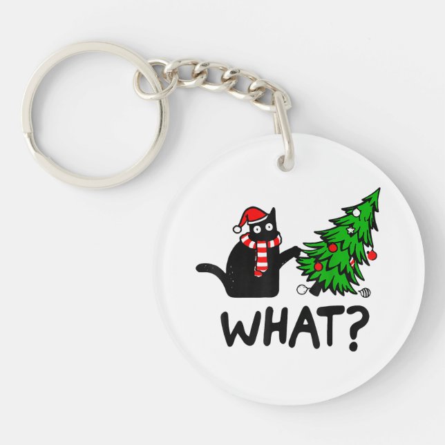 Funny Black Cat Gift Pushing Christmas Tree Over C Key Ring (Front)