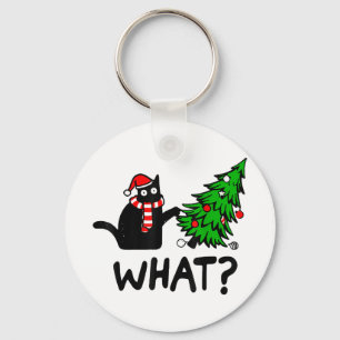 Funny Black Cat Gift Pushing Christmas Tree Over C Key Ring