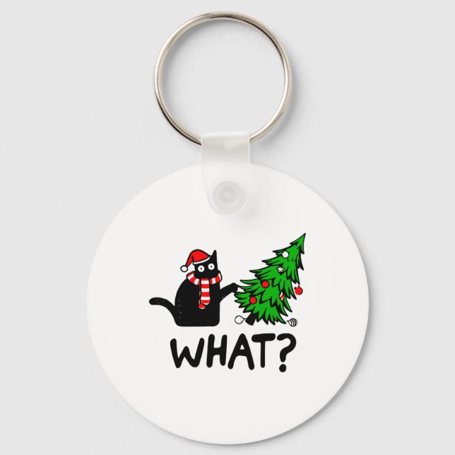 Funny Black Cat Gift Pushing Christmas Tree Over C Key Ring (Front)