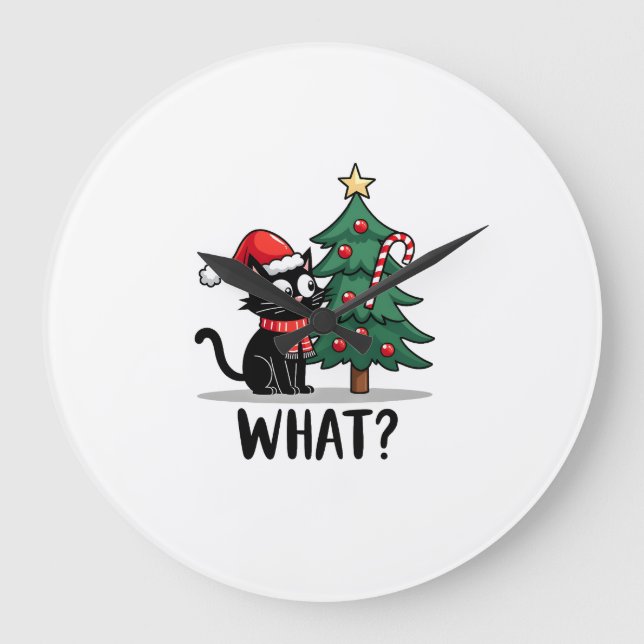 Funny Black Cat Gift Pushing Christmas Tree Over C Large Clock (Front)