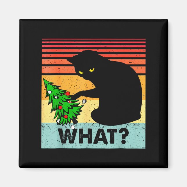 Funny Black Cat Gift Pushing Christmas Tree Over C Magnet (Front)