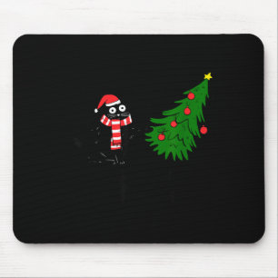 Funny Black Cat Gift Pushing Christmas Tree Over C Mouse Pad