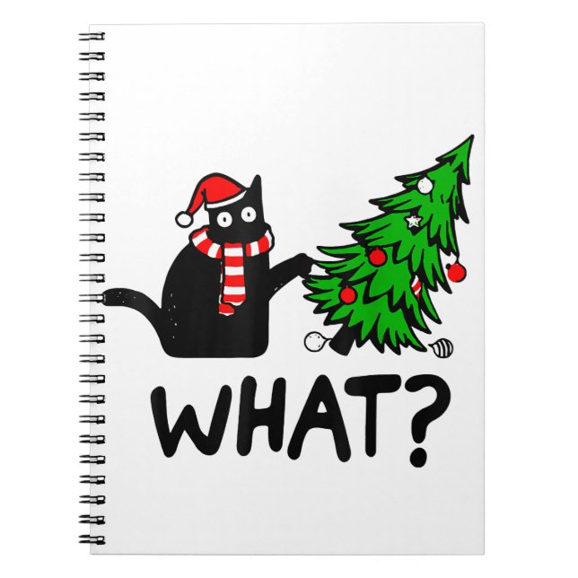 Funny Black Cat Gift Pushing Christmas Tree Over C Notebook (Front)