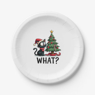 Funny Black Cat Gift Pushing Christmas Tree Over C Paper Plate