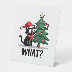 Funny Black Cat Gift Pushing Christmas Tree Over C Pedestal Sign
