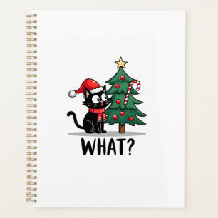 Funny Black Cat Gift Pushing Christmas Tree Over C Planner