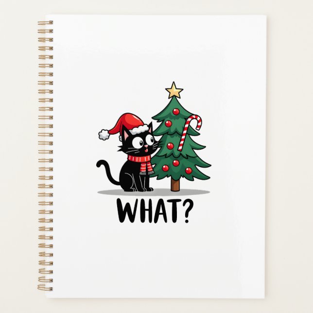Funny Black Cat Gift Pushing Christmas Tree Over C Planner (Front)