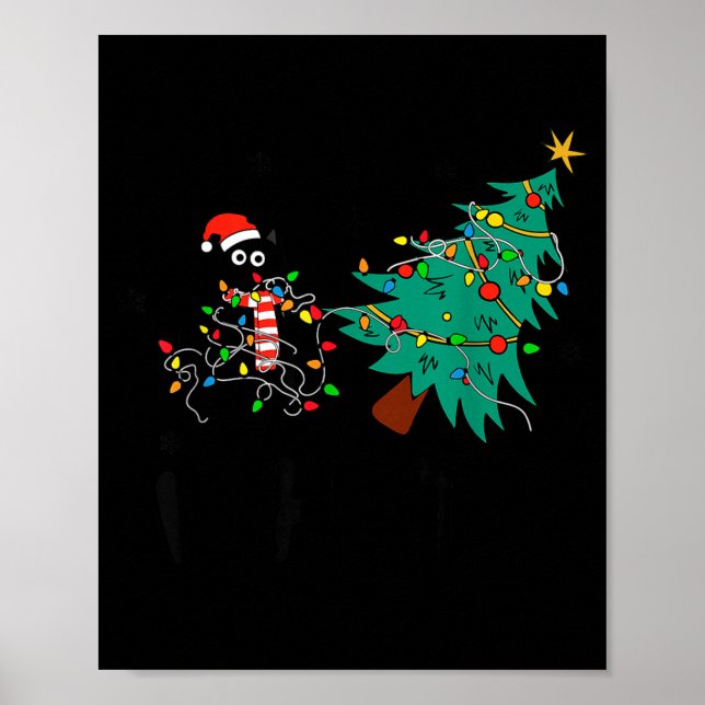 Funny Black Cat Gift Pushing Christmas Tree Over C Poster (Front)