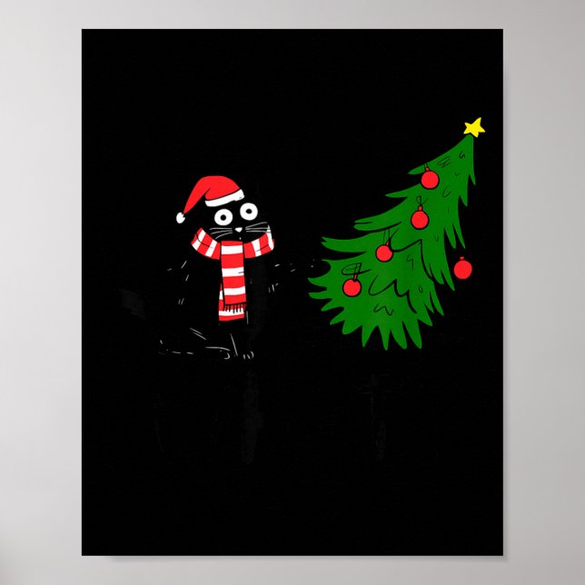 Funny Black Cat Gift Pushing Christmas Tree Over C Poster (Front)
